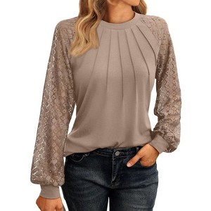 Coolmee Women's Long Sleeve Shirts Lace Tops Business Casual Outfits Clothes - 1 of 4