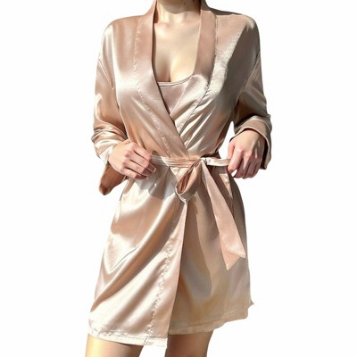 Anna-Kaci Lounge Women's Satin Short Robe with Matching Slip Lingerie Set and Waist Tie Shawl Collar