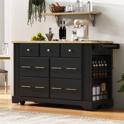 Rbied Kitchen Island with 6 Drawers, Pull Out Trash Can Storage, Rolling Kitchen Island on 5 Wheels with Drop Leaf, 5 Open Side Racks