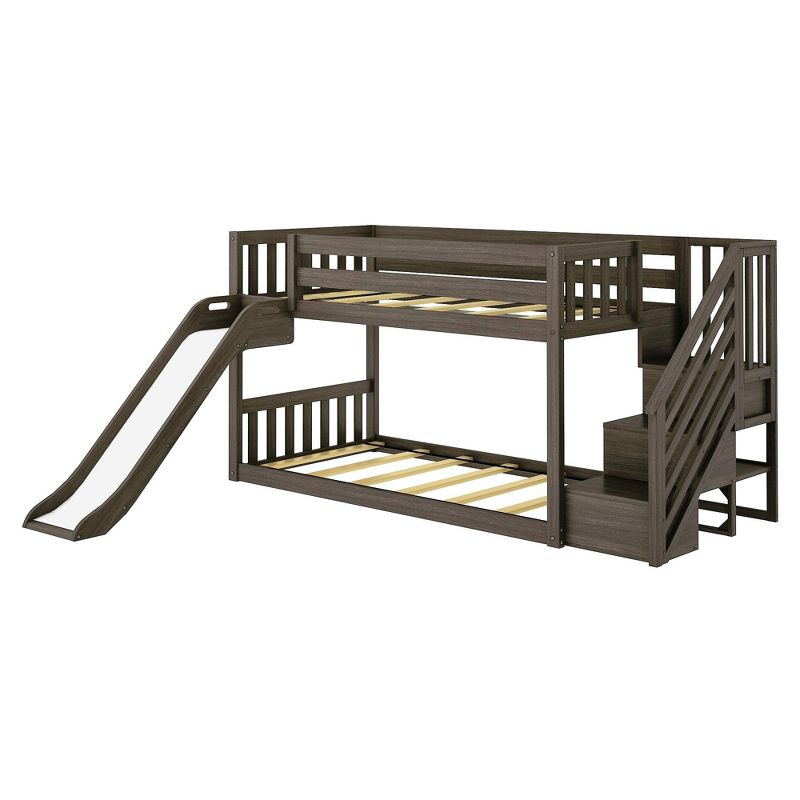 Max & Lily Twin Over Twin Low Bunk Bed with Slide and Stairs, Solid Wood Kids Platform Bed with 14” Guardrails, 1 of 8