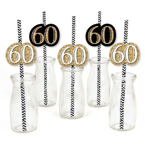 Big Dot of Happiness Adult 60th Birthday - Gold - Paper Straw Decor - Birthday Party Striped Decorative Straws - Set of 24 - 1 of 4