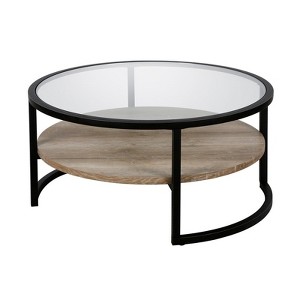 Black and Bronze Round Metal Coffee Table with Wood Oak Shelf - Henn&Hart - 1 of 2