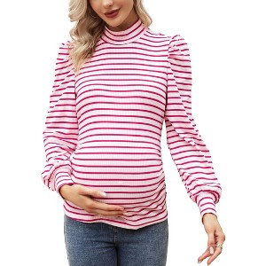 High Neck Puff Sleeve Ribbed Pleated Maternity Striped Top - 1 of 1