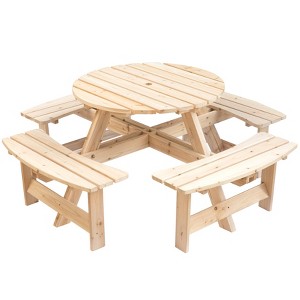 Gardenised Wooden Outdoor Patio Garden Round Picnic Table with Bench, 8 Person- Natural - 1 of 4