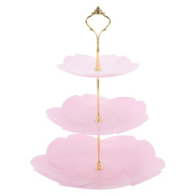 Unique Bargains 3 Tier Dessert Cupcake Stand Flower Shape Cup Cake Holder Tower Pink Gold Tone