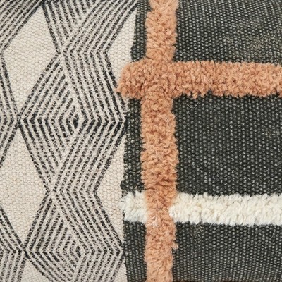 Geometric Embroidered Rectangular Throw Pillow with Tufted Design