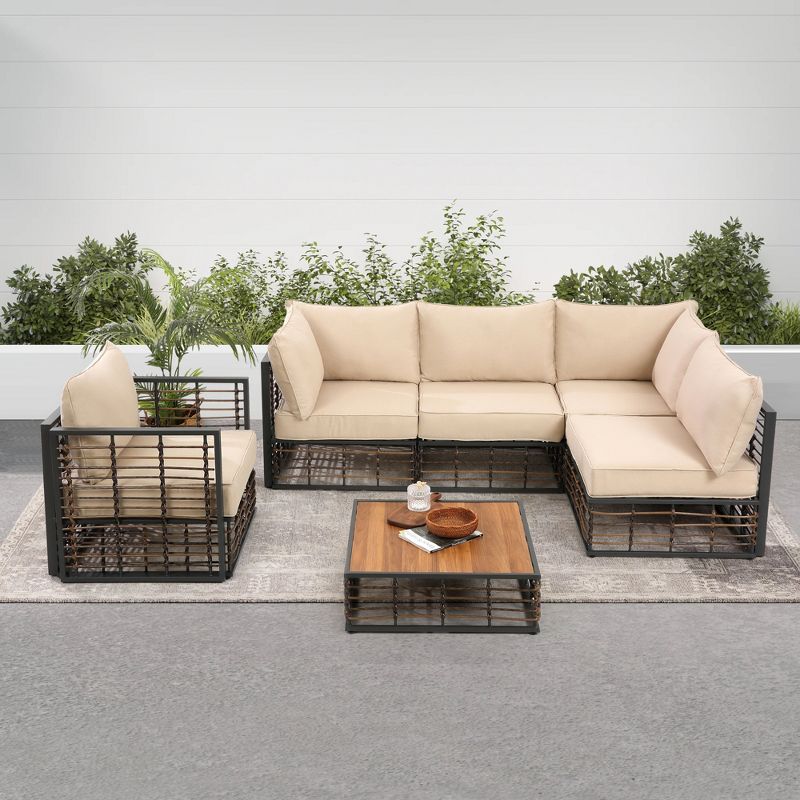 Erica 6-Piece All-Weather Steel Patio Conversation Set, Sectional Sofa with Thick Cushions and Coffee Table, Outdoor Furniture, Beige - Maison Boucle, 1 of 11