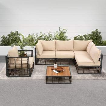 6-Piece All-Weather Steel Patio Conversation Sets, Sectional Sofa with Water Resistant Thick Cushions and Coffee Table - Maison Boucle