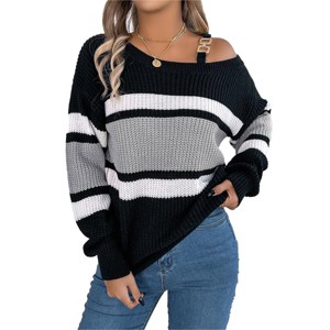 Asymmetric Pullover Sweater Strap Color Block Off Shouder Sweater Cable Knit Winter Tops Long Sleeve One Shoulder Sweaters Fall Fashion Outfits - 1 of 4
