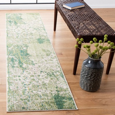 Green and Ivory Hand-knotted Synthetic Runner Rug
