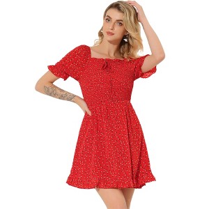 Allegra K Women's Square Neck Puff Sleeve Smocked Floral Ruffled Hem Dress - 1 of 4
