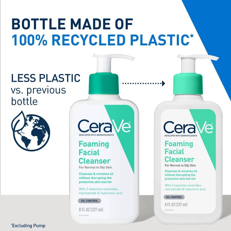 Two bottles of CeraVe Foaming Facial Cleanser with green pumps, labeled for normal to oily skin, each containing 8 fl oz (237 ml), with text highlighting the use of 100% recycled plastic.
