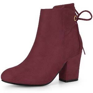 Allegra K Women's Round Toe Block Heel Side Zipper Lace Up Back Ankle Boots - 1 of 4