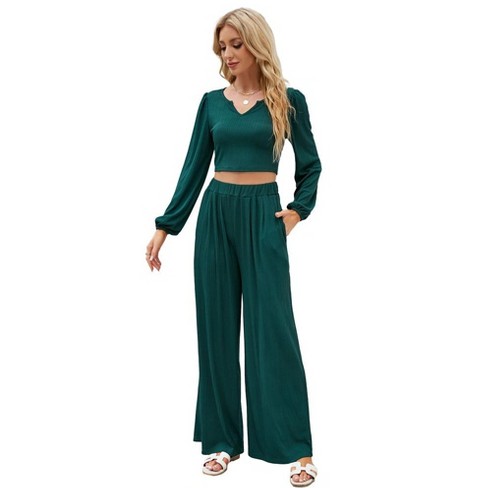 Women Co ords 2 Piece Sets Fashion Textured Lounge Sets Long Sleeve V Neck Crop Top Wide Leg Palazzo Pants Casual Trousers Sets Green XL