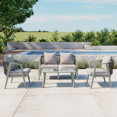 4 Piece Modern Poolside Seating Set,Woven Rope Back Outdoor Patio Conversation Set,Metal Garden Furniture Set with Cushions-Coolbibila