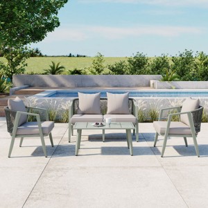 4-Piece Outdoor Patio Seating Set, Rope Woven Backrest Chair with Coffee Table, Iron Frame Chairs with Foam Cushions and Pillows-Cuddlewood - 1 of 4