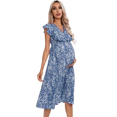 Women's Maternity Wrap V Neck Maternity Dress Summer Ruffle Sleeve High Waisted Floral Flowy Maxi Dress for Baby Shower And Photoshoot