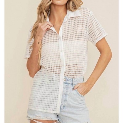 Women's Ariana See Through Open Knit Button Down Blouse - Cloud Ten