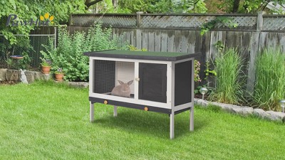 Black and White Wooden Rabbit Hutch with Pull-Out Tray