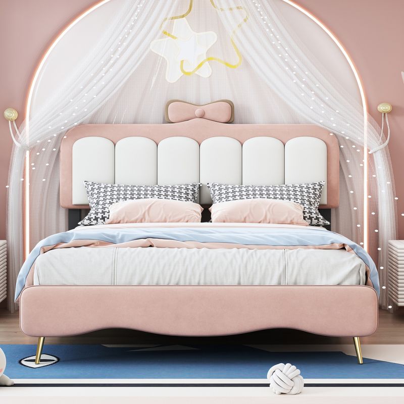Twin/Full Size Velvet Princess Bed With Bow-Knot Headboard, White+Pink 4A - ModernLuxe, 2 of 8