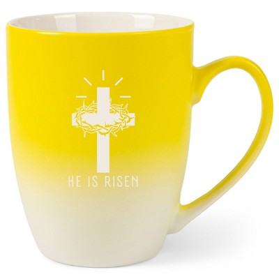 Elanze Designs He Is Risen Crown of Thorns Cross 12 Ounce Ceramic Laser-Etched Engraved Drinkware Mug, Yellow and White Ombre