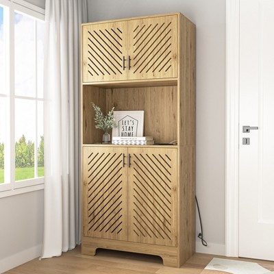 67''/71" Tall Freestanding Hutch Cupboard, Liquor Cabinet Bar, Buffet Cabinet for Kitchen and Dining Room, Natural 4A - ModernLuxe
