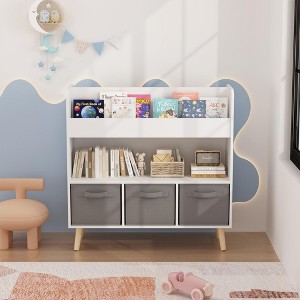 Gulches Kids Bookshelf with 3 Fabric Bins - 4 Open Shelves Children's Bookcase, Toddler Toy & Book Organizer - 1 of 4
