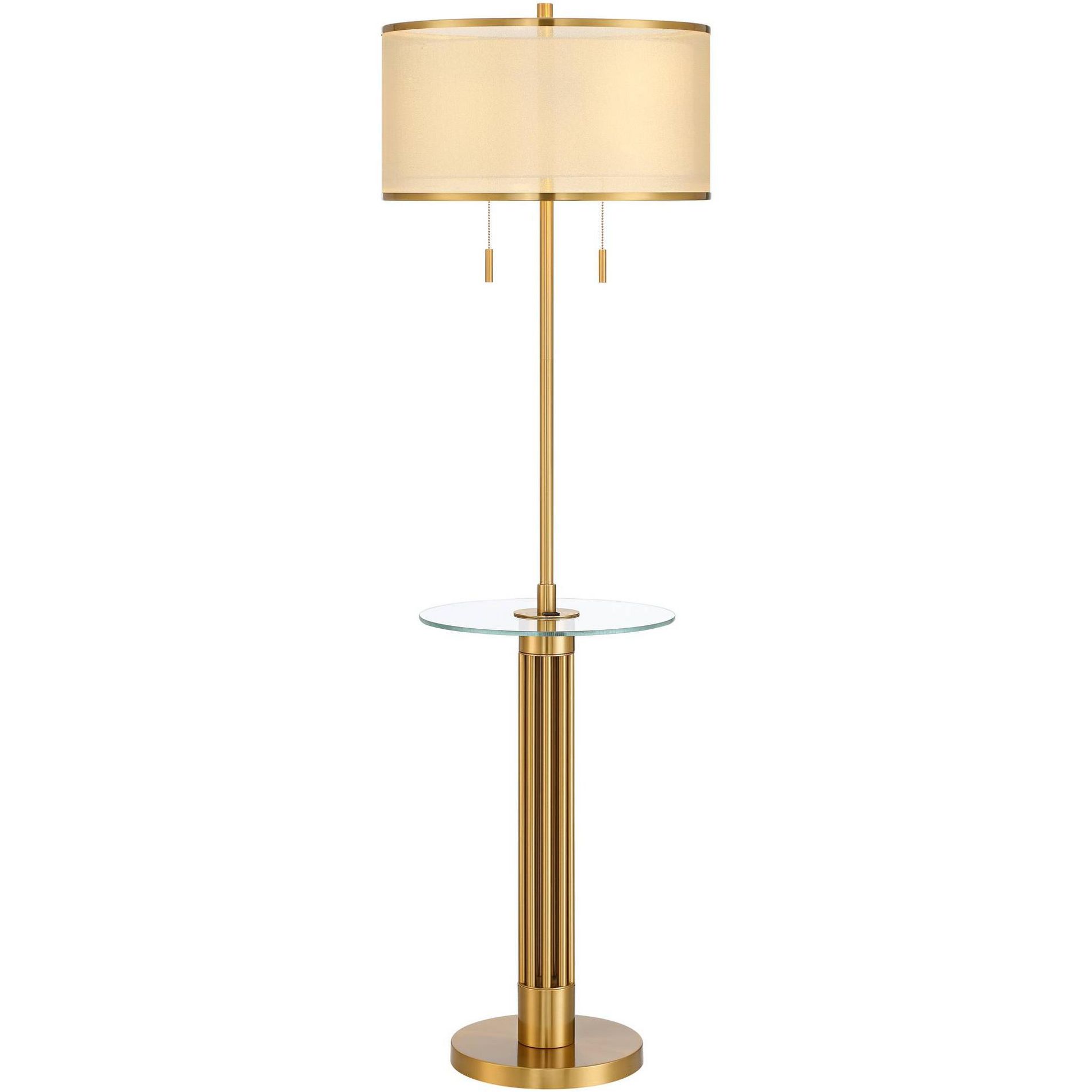 Possini Euro Design Granview Mid Century Modern 66" Tall Standing Floor Lamp with Glass Table USB Port Gold Metal Warm Brass Finish Living Room
