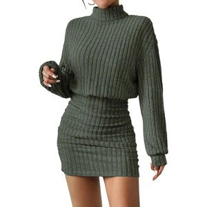Long Lantern Sleeve Ribbed Knit Sweater Dress, Turtle Neck Bodycon Mini Pullover Dress for Women, Fall and Winter Fashion Green - 1 of 4