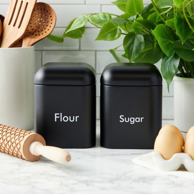 Set of 2 Black Stainless Steel Flour and Sugar Canisters