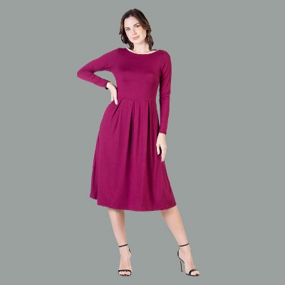 24seven Comfort Apparel Womens Long Sleeve Midi Length Fit N Flare Pocket Dress