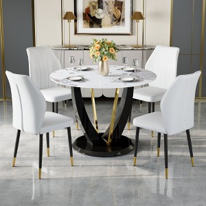 5-Piece Dining Table Set Dining Set with Round Faux Marble Dining Table and 4 PU Upholstered Chairs with Widened Backrest, Black+White/Gray-ModernLuxe - 1 of 4