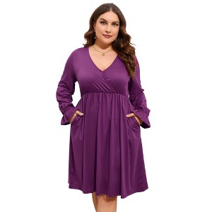 BLUEMING Plus Size Women Dress Faux Wrap V Neck Dress with Ruffle Cuff Bishop Sleeve Fall Midi Dress - 1 of 4