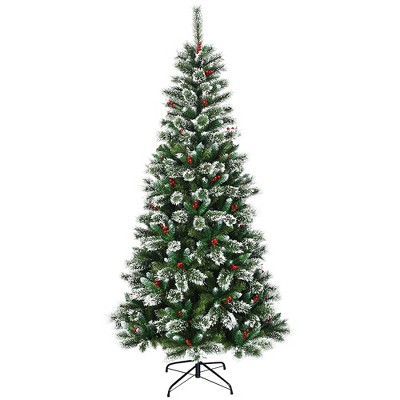 Costway 7 ft Snow Flocked Artificial Christmas Hinged Tree w/ Pine Needles & Red Berries