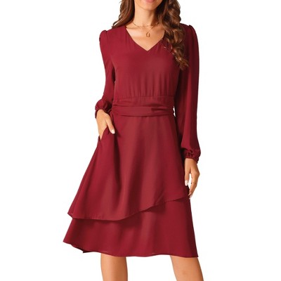 Seta T Women's Long Sleeve V Neck High Waist Layered Swing Casual Dress with Pockets