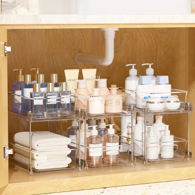 Racxily 3 Pack Bathroom Plastic Storage Organizer, 2 Tier Clear Under Sink Organizers Vanity Countertop Storage Container