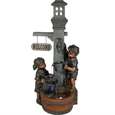 Sunnydaze 40"H Electric Polyresin Children Playing with Water Faucet Outdoor Water Fountain with LED Lights