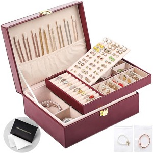 2-Layer Leather Jewelry Box with Lock, Travel Organizer with Removable Tray & Jewelry Bags - 1 of 4