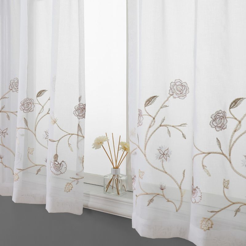 Kate Aurora Complete 3 Piece Embroidered Shabby Floral Roses Sheer Cafe Kitchen Curtain Tier & Valance Set, 3 of 10