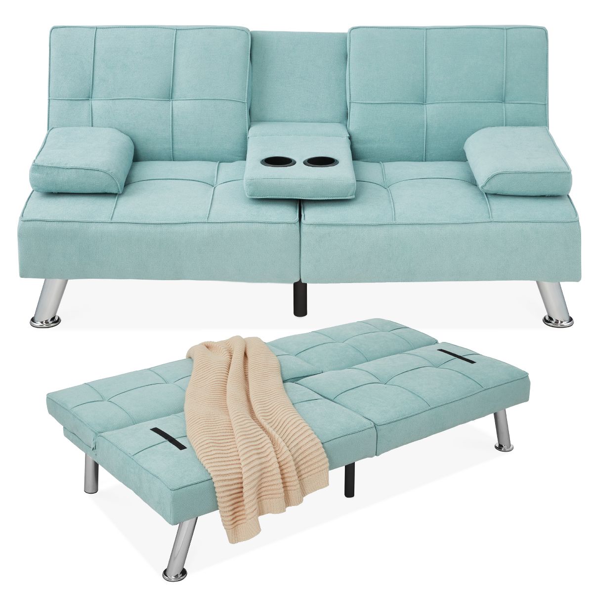 Best Choice Products Modern Linen Convertible Futon Sofa Bed w/ Removable Armrests, Metal Legs, Cupholders - Beige