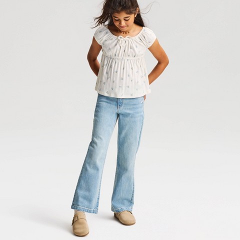 Cat & Jack Girls' Pointelle Knit Floral Peplum Top - Cat & Jack™ Cream M