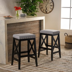 Bar Stools Set Of 2, Modern Upholstered Bar Stools With Fabric Saddle Seat, Wood Counter Height Bar Stools - 1 of 4