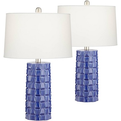 360 Lighting Modern Table Lamps 24.5" High Set of 2 Textured Blue Ceramic Column White Drum Shade Living Room Bedroom Bedside Office Family