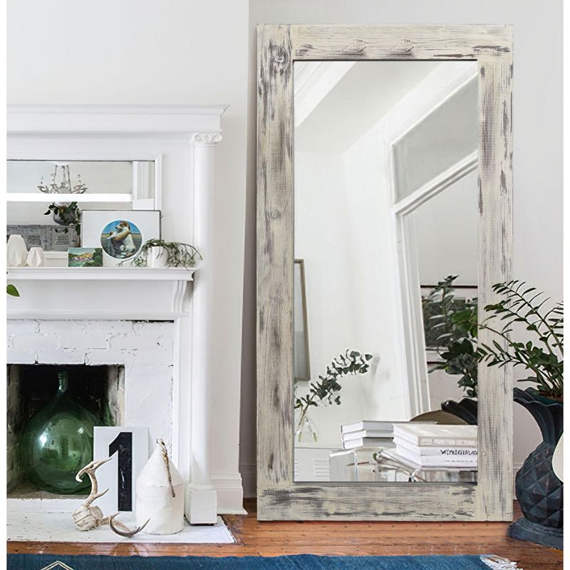 Neutypechic Vintage Full Length Tempered Mirror with Wide Edge Solid Wood and Back Hooks 71"x32" - Weathered White, 1 of 6