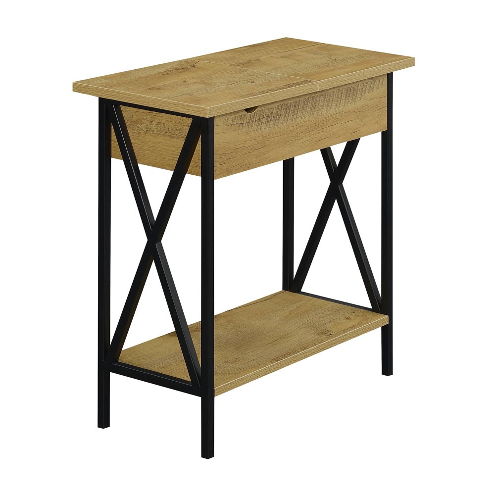 Tucson Flip Top End Table with Charging Station and Shelf English Oak/Black - Breighton Home: Side Table with Power Outlets, USB Ports