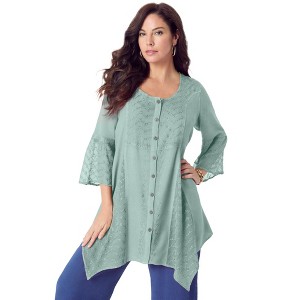 Roaman's Women's Plus Size Acid Wash Big Shirt - 1 of 4