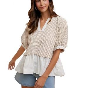 Knit & Lounge Women’s Mixed Media Layered V-Neck Top Gingham Waffle Knit Short Puff Sleeve Cotton Peplum Hem - 1 of 4