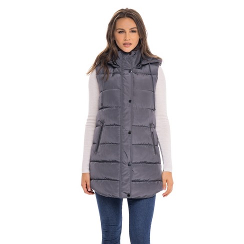 Zella Long Hooded Puffer Vest In Black Lyst