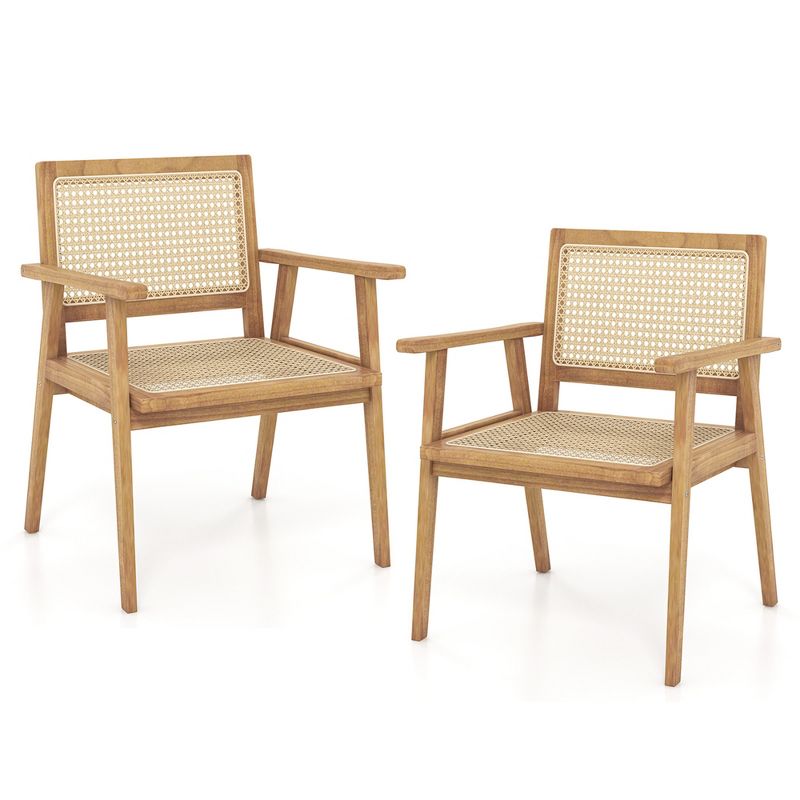 Costway 1/2 PCS Wood Chair Indonesia Teak Wood Armchair with Natural Rattan Seat & Back Patio Chair for Porch, 1 of 9