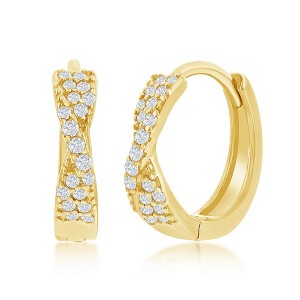 Bella Silver Sterling Silver Twisted CZ 14mm Huggie Hoop Earrings - Gold Plated - Gold - 1 of 2